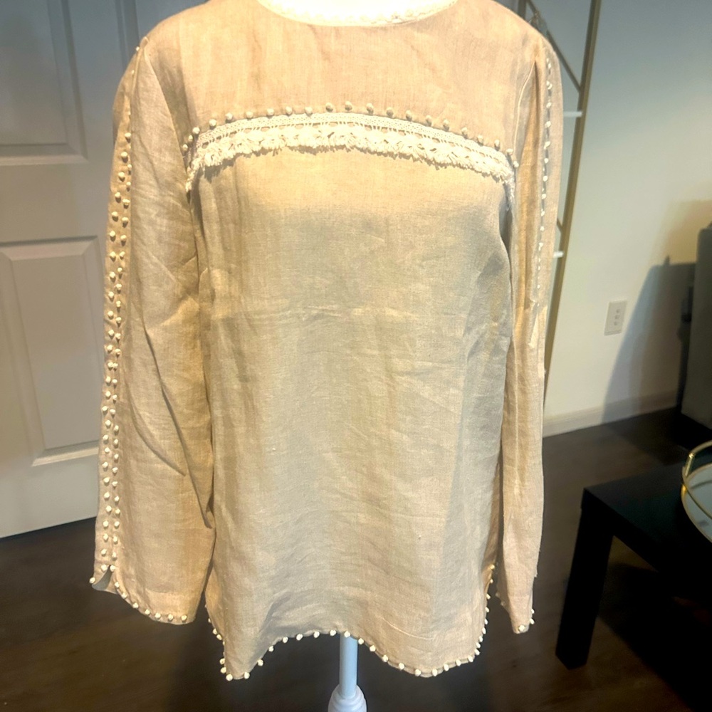 J. Crew Beige Blouse with Pearl Accents
